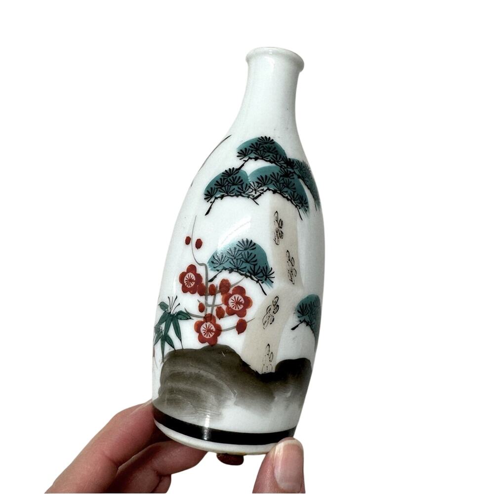 Vintage Japanese Arita Sake Bottle Crane Art Hand Painted Bud Vase 6in